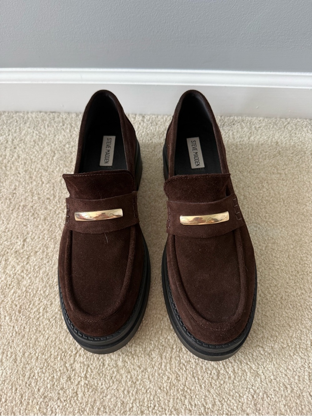 Steve Madden Chunky Brown Suede Loafers with Gold Accent